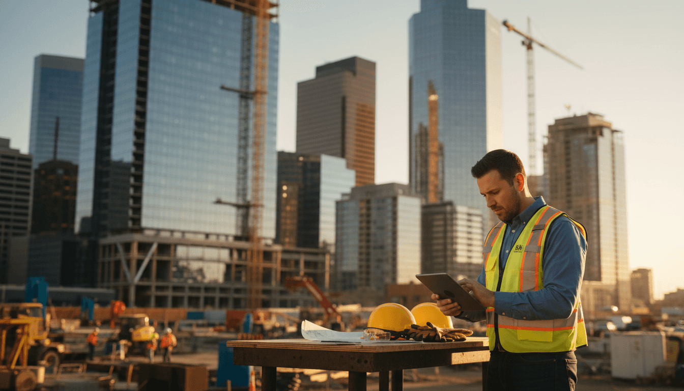 Project manager reviewing blueprints at a Denver construction site