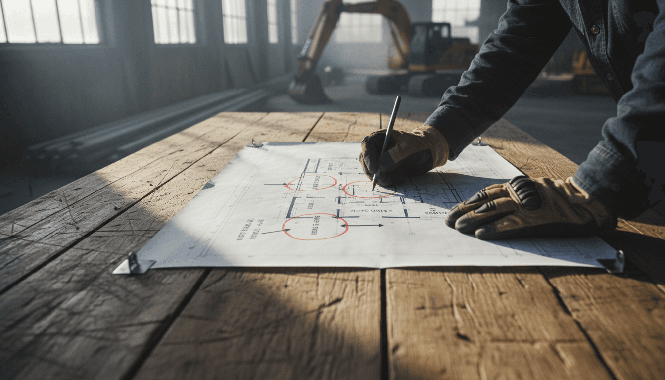 Construction project blueprint with procurement annotations on a jobsite table