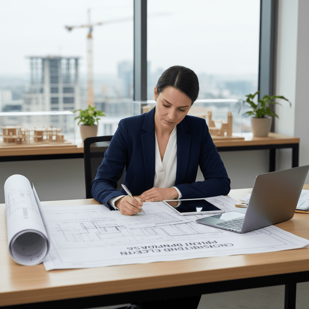 Professional procurement specialist reviewing construction project documents at office desk with blueprints