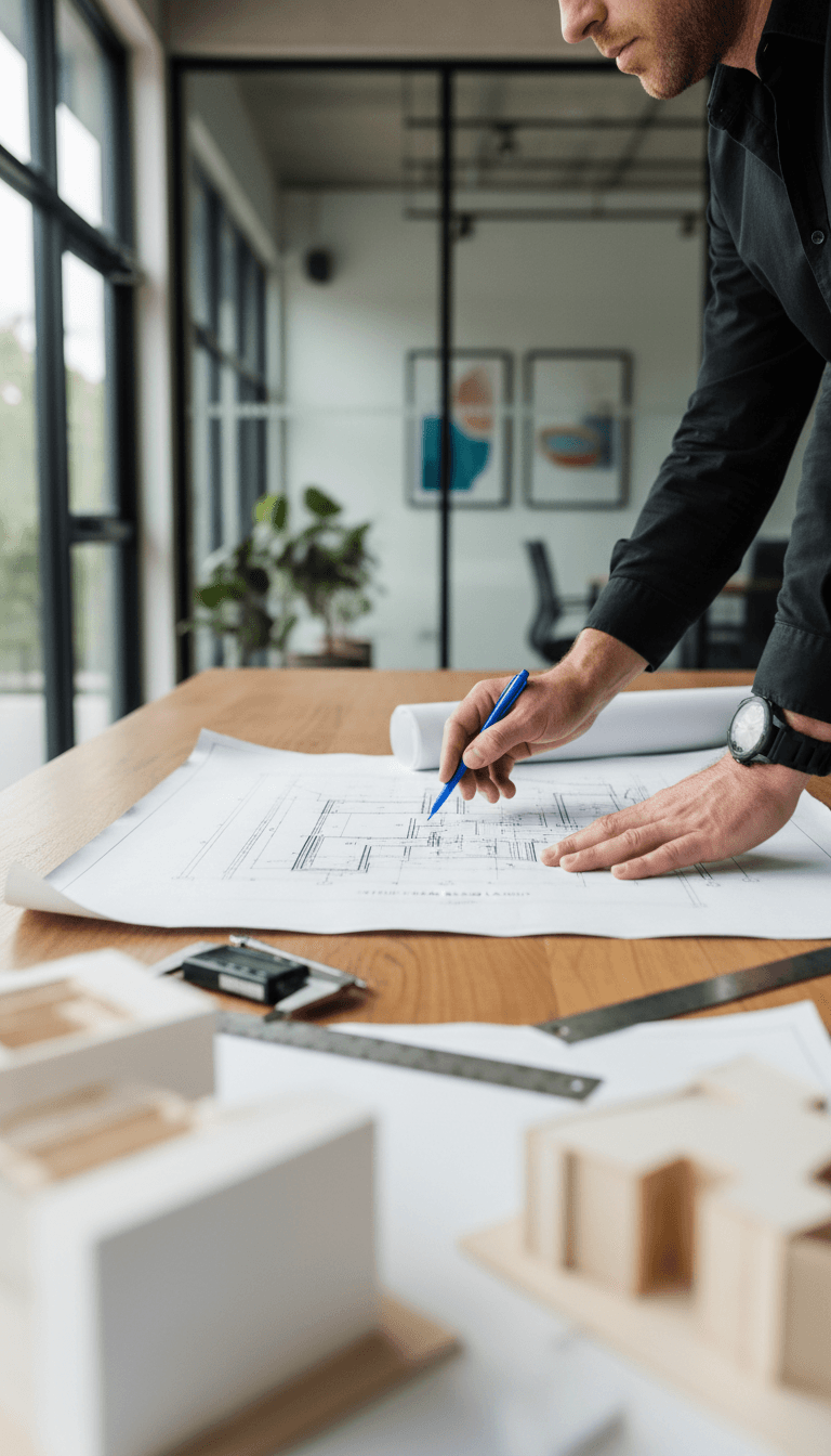 Project manager reviewing construction blueprints and project details