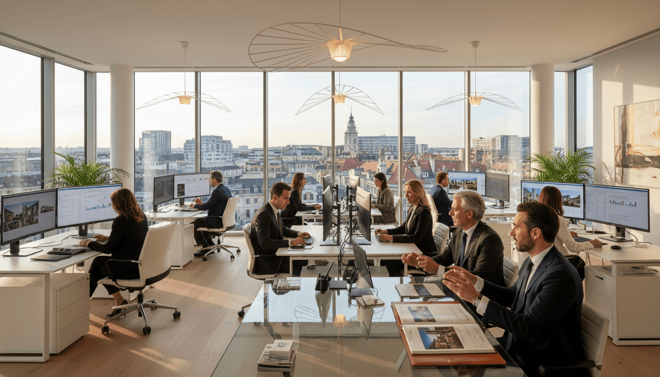 Modern real estate advisory office with professional team at workstations overlooking European cityscape through floor-to-ceiling windows