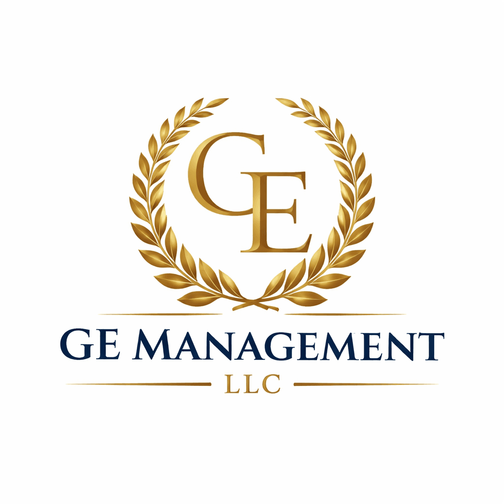 Gold laurel wreath encircling GE initials above dark blue and gold GE Management LLC text.