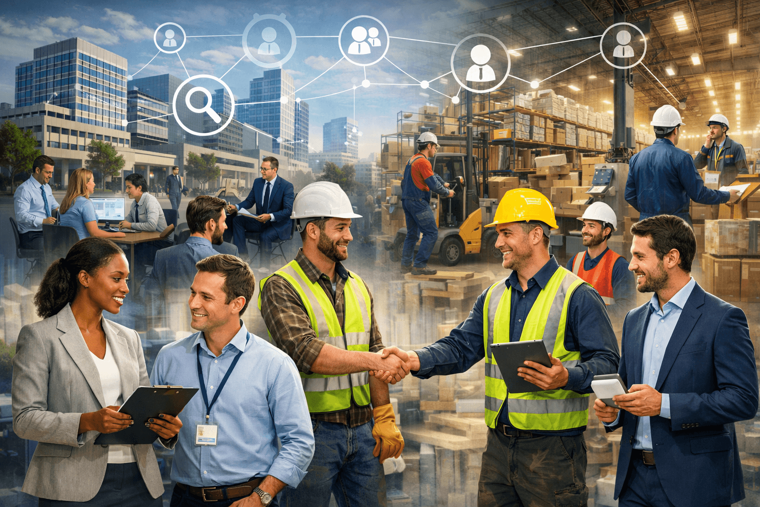 Diverse professionals shaking hands, blending office and industrial scenes with digital networking icons overhead.