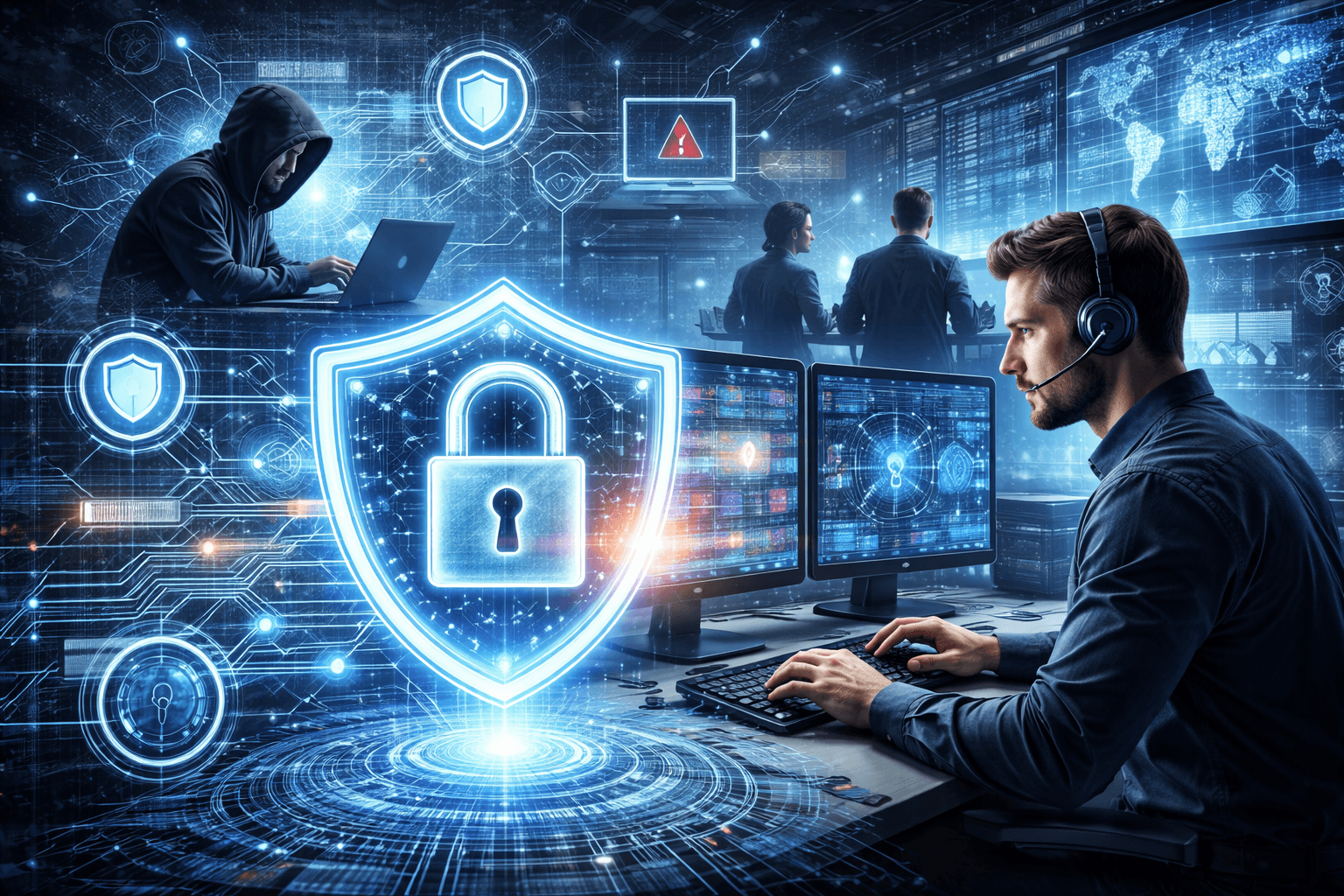 Cybersecurity analyst monitors data behind a glowing shield icon with a hacker in the background.